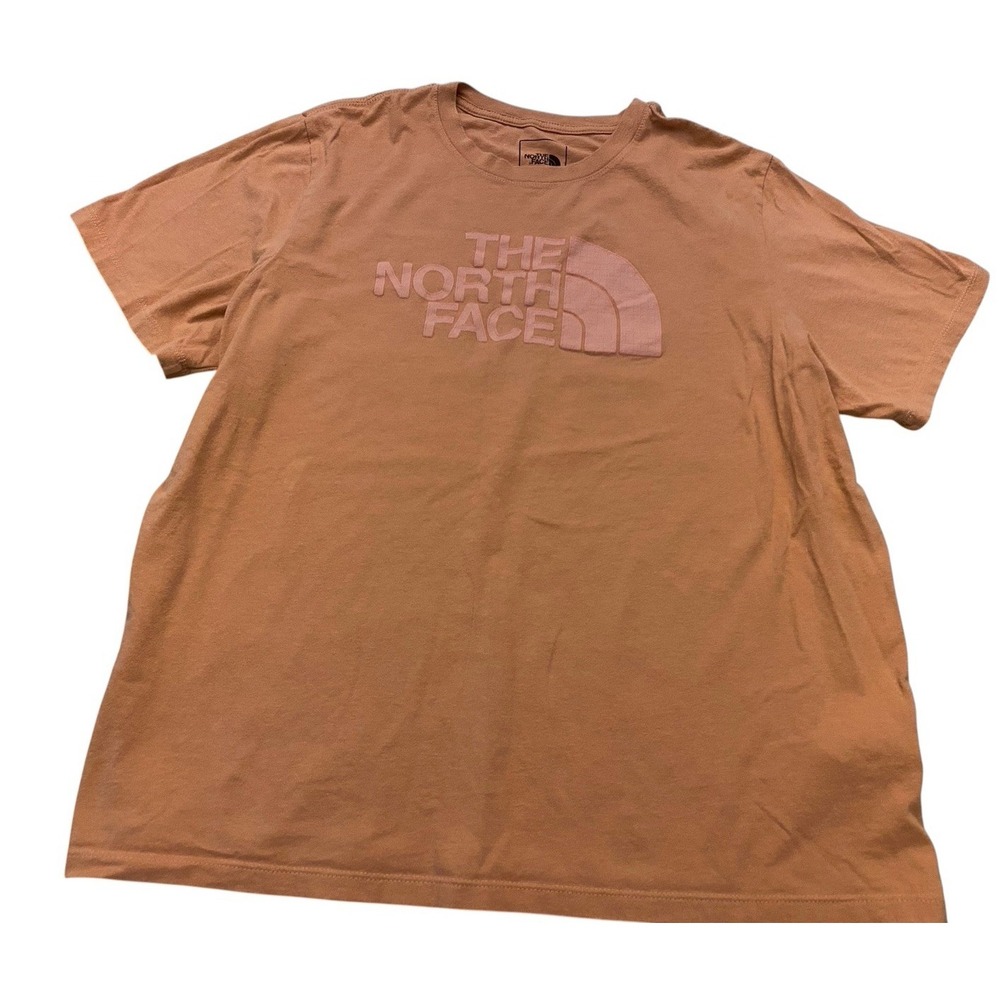 The North Face Womens XXL T-Shirt Tan Brown Pink Raised Logo Short Sleeve